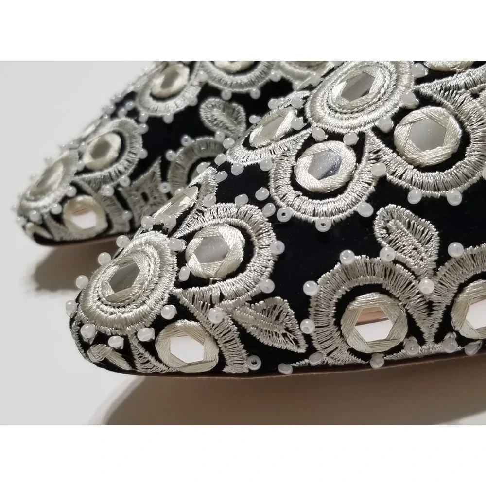 Tory Burch Elora Slide Black Suede Mirror Embroidery Flat Mule Slipper 6 $378